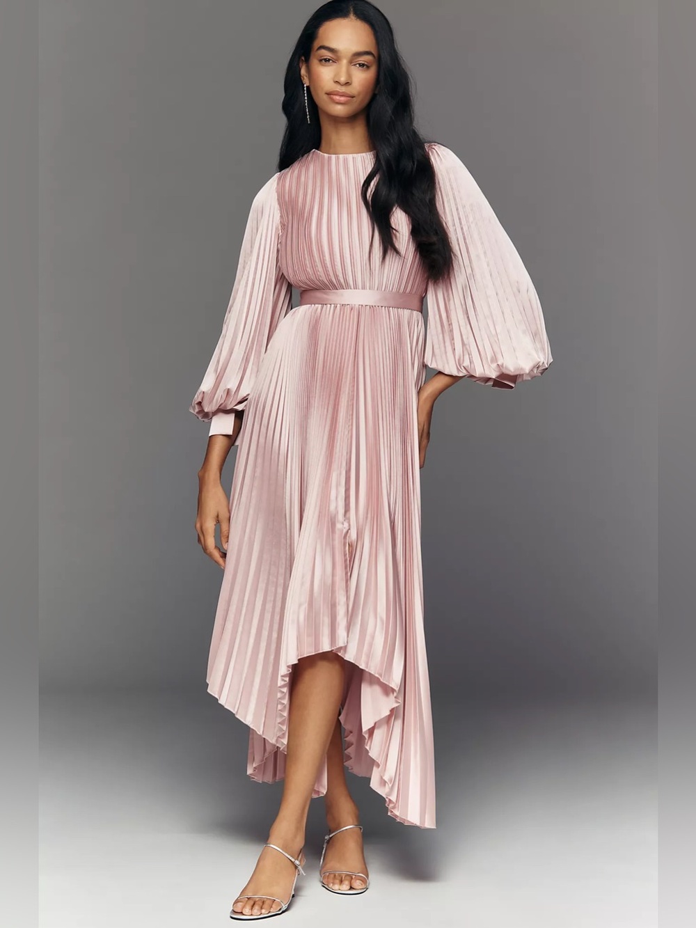 Mac Duggal Pleated Charmeuse Long-Sleeve Midi Dress